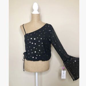 Black One Shoulder Starry Metallic Sheer Blouse